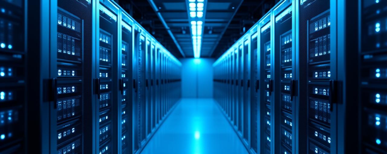 A clean, modern server room with glowing blue lights signifying data security.